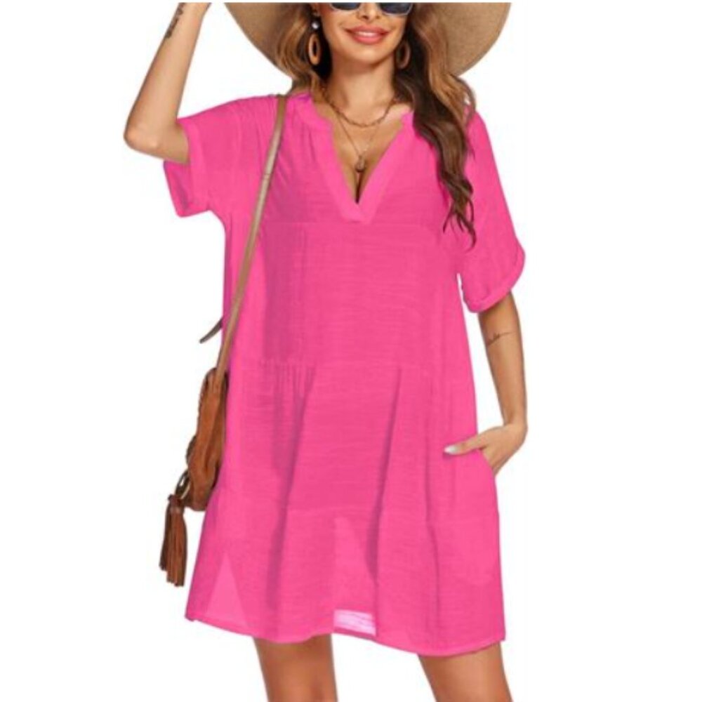 Swimsuit Coverup V-Neck w/Side Pockets Pink Size M